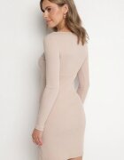 las garras Rochie Bej Rebrată Mulată din Bumbac cu Inserție Decorativă la Decolteu Delamith