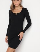 las garras Rochie Neagră Reiată Mulată din Bumbac cu Inserție Decorativă la Decolteu Delamith