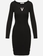 las garras Rochie Neagră Reiată Mulată din Bumbac cu Inserție Decorativă la Decolteu Delamith