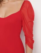 las garras Rochie Roșie Mulată Mini din Bumbac cu Mâneci Transparente 3/4 Ferdiana