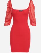 las garras Rochie Roșie Mulată Mini din Bumbac cu Mâneci Transparente 3/4 Ferdiana