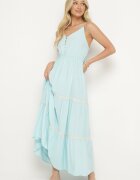 lf women Rochie albastru deschis cu bretele cu elastic în talie încheiată cu nasturi cu volan și broderie Tiamavita