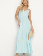 lf women Rochie albastru deschis cu bretele cu elastic în talie încheiată cu nasturi cu volan și broderie Tiamavita
