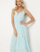 lf women Rochie albastru deschis cu bretele cu elastic în talie încheiată cu nasturi cu volan și broderie Tiamavita