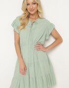 lf women Rochie Mentă cu Elastic în Talie Decorată cu Volan și Legată cu Centură din Material Tiamalou