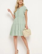 lf women Rochie Mentă cu Elastic în Talie Decorată cu Volan și Legată cu Centură din Material Tiamalou