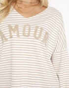 lily rose Bluză Bej Oversize cu Dungi cu un Text Decorativ Vicca