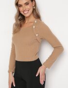 lily rose Bluză Pulover Bejă din Tricot Reiat cu Nasturi Decorativi la Umeri Anupoma