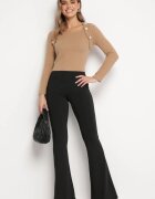 lily rose Bluză Pulover Bejă din Tricot Reiat cu Nasturi Decorativi la Umeri Anupoma
