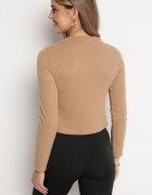 lily rose Bluză Pulover Bejă din Tricot Reiat cu Nasturi Decorativi la Umeri Anupoma