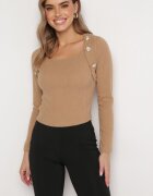 lily rose Bluză Pulover Bejă din Tricot Reiat cu Nasturi Decorativi la Umeri Anupoma