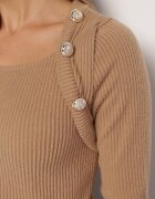 lily rose Bluză Pulover Bejă din Tricot Reiat cu Nasturi Decorativi la Umeri Anupoma