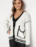 lily rose Pulover Cardigan Alb Decorat cu Margini Contrastante Sunje