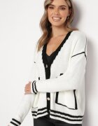 lily rose Pulover Cardigan Alb Decorat cu Margini Contrastante Sunje