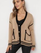 lily rose Pulover Cardigan Bej închis Decorat cu borduri contrastante Sunje