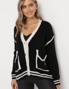 lily rose Pulover Cardigan Negru Decorat cu borduri contrastante Sunje