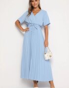 lily rose Rochie Albastră Plisată Maxi cu Cordon Legat Dianiza