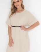 lily rose Rochie Bej Plisată Dreaptă cu Centură Savima