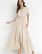 lily rose Rochie Bej Plisată Maxi cu Cordon Legat Dianiza