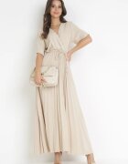 lily rose Rochie Bej Plisată Maxi cu Cordon Legat Dianiza