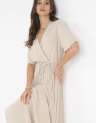lily rose Rochie Bej Plisată Maxi cu Cordon Legat Dianiza