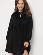 lily rose Rochie neagră mini evazată cu talie elastică și legătură la decolteu Aganzza
