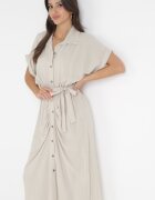 lily rose Rochie tip cămașă Midi Bej deschis cu elastic în talie și o curea din material din viscoză Skeisa