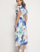 lovery Rochie Albastră Florală cu croi petrecut și cordon în talie Redanae