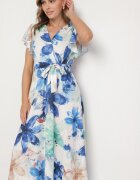lovery Rochie Albastră Florală cu croi petrecut și cordon în talie Redanae