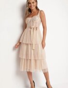 lovery Rochie Bej De Cocktail cu partea superioară tip corset volane paiete și fundă Loralina
