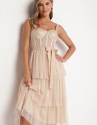 lovery Rochie Bej De Cocktail cu partea superioară tip corset volane paiete și fundă Loralina