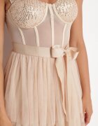 lovery Rochie Bej De Cocktail cu partea superioară tip corset volane paiete și fundă Loralina