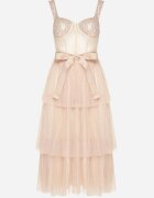 lovery Rochie Bej De Cocktail cu partea superioară tip corset volane paiete și fundă Loralina