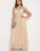 lovery Rochie Bej de Cocktail cu Plasă de Tul Devinae