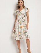 lovery Rochie Bej Florală cu Decolteu Petrecut Atorina