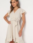 lovery Rochie Bej Învăluită cu tiv asimetric decorată cu volănaș și cu cordon în talie Snidia