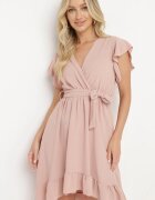 lovery Rochie Ciemnoroză Tip Plic cu Tiv Asimetric Decorată cu Volan cu Curea în Talie Snidia