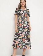 lovery Rochie Cloș Neagră cu croi de cămașă cu curea cu imprimeu floral Fevelorine