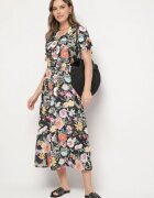 lovery Rochie Cloș Neagră cu croi de cămașă cu curea cu imprimeu floral Fevelorine