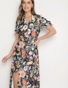 lovery Rochie Cloș Neagră cu croi de cămașă cu curea cu imprimeu floral Fevelorine