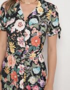 lovery Rochie Cloș Neagră cu croi de cămașă cu curea cu imprimeu floral Fevelorine