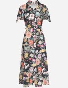 lovery Rochie Cloș Neagră cu croi de cămașă cu curea cu imprimeu floral Fevelorine