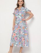 lovery Rochie Evazată Albastru deschis cu croi cămașă cu cordon cu imprimeu floral Fevelorine