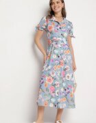 lovery Rochie Evazată Albastru deschis cu croi cămașă cu cordon cu imprimeu floral Fevelorine