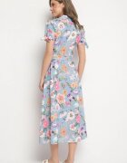 lovery Rochie Evazată Albastru deschis cu croi cămașă cu cordon cu imprimeu floral Fevelorine