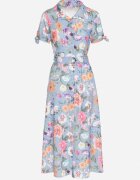 lovery Rochie Evazată Albastru deschis cu croi cămașă cu cordon cu imprimeu floral Fevelorine