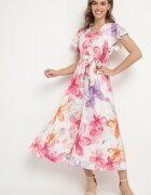 lovery Rochie Fucsia florală cu croială petrecută cu cordon legat Redanae