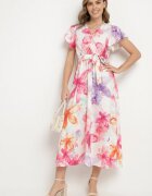 lovery Rochie Fucsia florală cu croială petrecută cu cordon legat Redanae