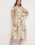 lovery Rochie Galbenă Evazată tip Cămașă cu curea cu imprimeu floral Fevelorine