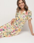 lovery Rochie Galbenă Evazată tip Cămașă cu curea cu imprimeu floral Fevelorine
